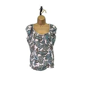 Babydoll Top Womens Lge Green Brown Paisley Y2K Boho Fairy Peasant Off Shoulder